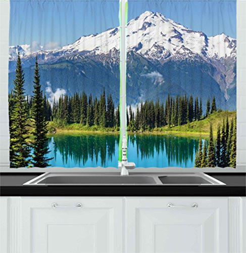 Ambesonne Nature Kitchen Curtains, Idyllic Crystal Lake Surrounded by Pine Trees and Snowy Mountain Landscape, Window Drapes 2 Panels Set for Kitchen Cafe, 55W X 39L Inches, Blue Fern Green Grey