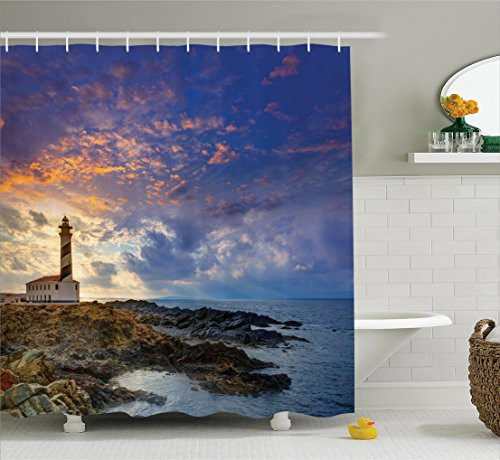 Ambesonne Lighthouse Decor Collection, Cap de Favaritx Sunset Lighthouse Cape in Mahon at Balearic Islands of Spain Coast Image, Polyester Fabric Bathroom Shower Curtain, 75 Inches Long, Blue