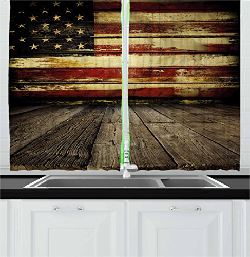 Ambesonne United States Kitchen Curtains, Vintage American Flag on Wooden Planks Wall Background Grunge Print, Window Drapes 2 Panel Set for Kitchen Cafe, 55 W X 39 L Inches, Umber Cream Red Blue
