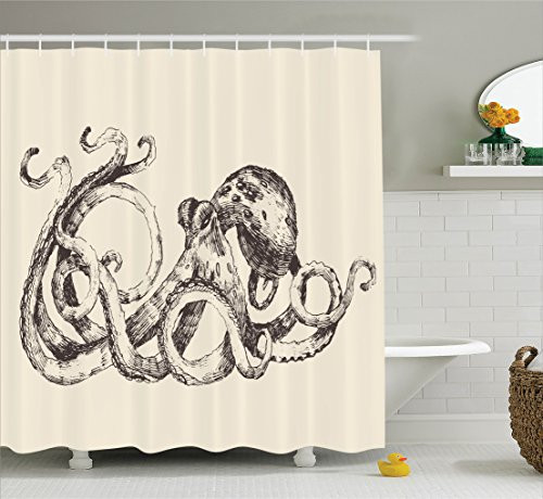 Ambesonne Octopus Decor Collection, Vintage Style Print of Octopus with Large Tentacles Sketch Art Illustration Marine Decor, Polyester Fabric Bathroom Shower Curtain, 75 Inches Long, Ecru Black