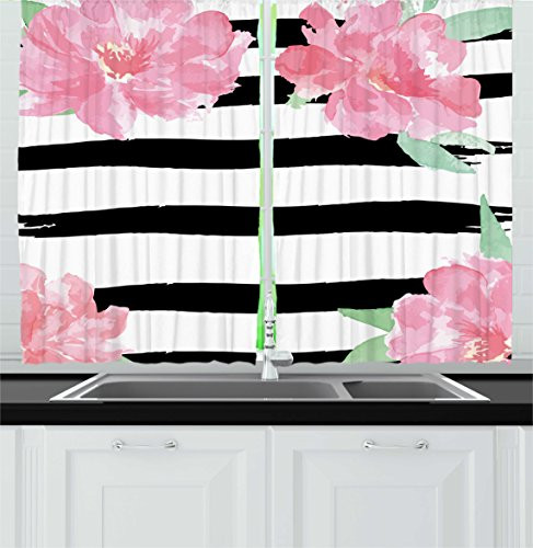 Ambesonne Floral Kitchen Curtains, Watercolor Peony Flowers with Black Brush Strokes Romantic Spring Print, Window Drapes 2 Panels Set for Kitchen Cafe, 55W X 39L Inches, Light Pink Black White