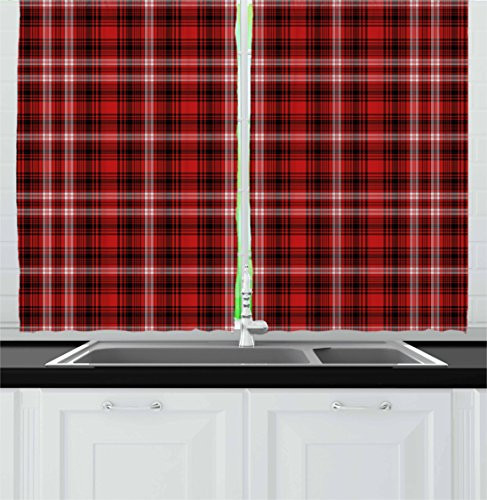 Ambesonne Plaid Kitchen Curtains, Nostalgic Striped Pattern from British Country with Constrasting Colors, Window Drapes 2 Panel Set for Kitchen Cafe, 55 W X 39 L Inches, Scarlet Black White