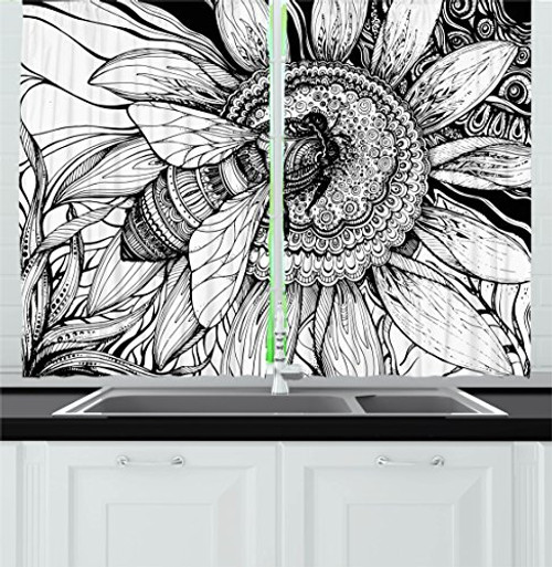 Ambesonne Nature Decor Kitchen Curtains, Bee on a Flower Honey Pollen Floral Mother Earth Phase Wildlife Digital Print, Window Drapes 2 Panels Set for Kitchen Cafe, 55W X 39L Inches, Black White