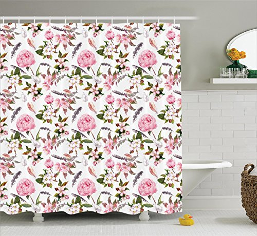 Ambesonne House Decor Collection, Rose and Cherry Flowers Blossoms Feathers Shabby Classical Botanic Retro Image Print, Polyester Fabric Bathroom Shower Curtain, 75 Inches Long, Pink Gray Green