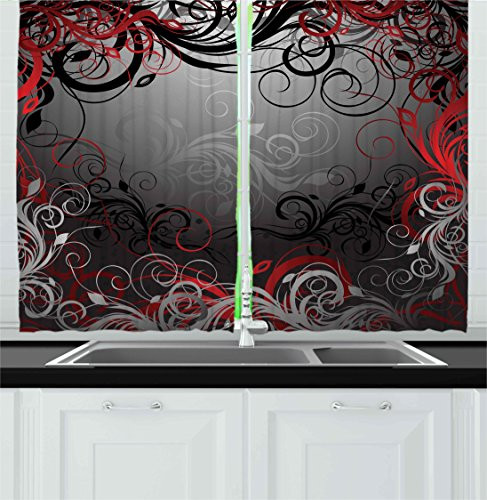 Ambesonne Red and Black Kitchen Curtains, Mystic Magical Forest Inspired Floral Swirls Leaves Nature Artwork, Window Drapes 2 Panel Set for Kitchen Cafe, 55 W X 39 L Inches, Charcoal Grey Ruby