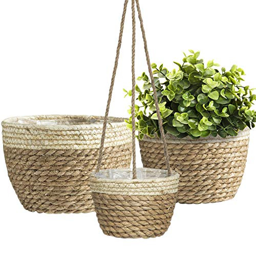 3pack Seagrass Farmhouse Planter Basket  Flower Pots for Plants Indoor Outdoor  Large House Plant Pots 10 inch  Planter Gardening Pots Cover  Hanging Planter Baskets Decor Plant Pots Indoor