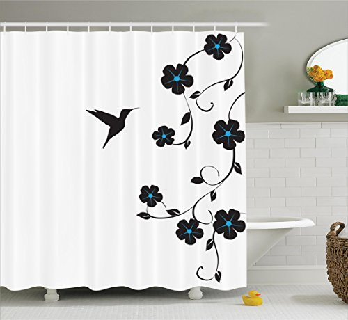 Ambesonne Hummingbirds Decorations Collection, Floral Design with Hummingbird Simple Minimalistic Image Nature Life Style, Polyester Fabric Bathroom Shower Curtain, 75 Inches Long, Blue Black