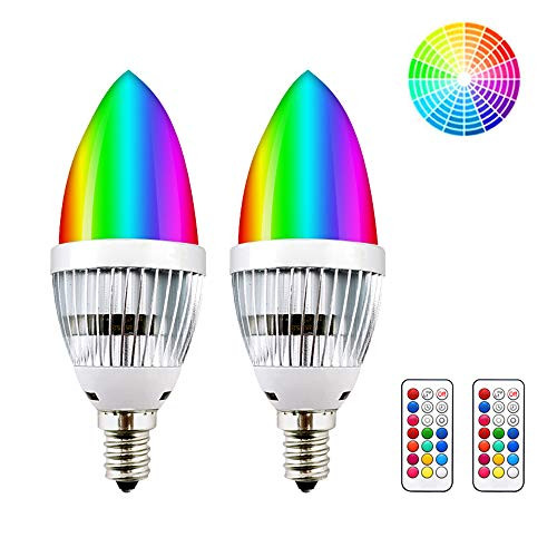E12 Candelabra RGB LED Light Bulbs, Lustaled 3W Dimmable C35 Color Changing LED Candle RGBW Lamp with IR Remote Controller for Home Bar Party Mood Lighting (RGB+Warm White, 2-Pack)