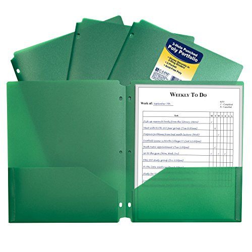 C-Line Two-Pocket Heavyweight Poly Portfolio Folder with Three-Hole Punch  Box of 25  Green 33933-25