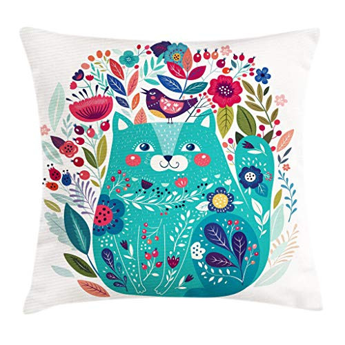 Ambesonne Cat Throw Pillow Cushion Cover  Kitty Surrounded by Birds Flowers Ladybugs Inspirational Folk Baby Theme  Decorative Square Accent Pillow Case  20  X 20   Green