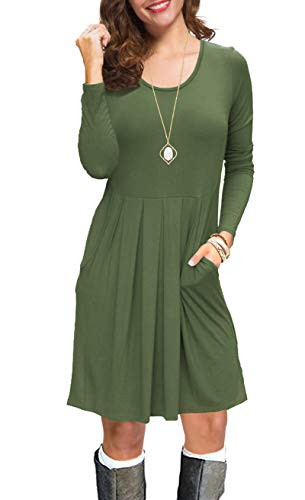 KORSIS Women s Long Sleeve Pleated Loose Swing Casual Dress with Pockets ArmyGreen L