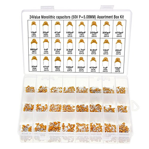 Wimas 10PF-10uf Ceramic Capacitor kit DIP Monolithic Multilayer Ceramic Chip Capacitors Assortment Kit for Audio-Video  DIY Electronics and Vehicle Repair Projects 24Values 1200PCS
