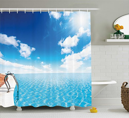 Ambesonne Summer Shower Curtain, Swimming Pool in Crystal Color Water Cloudy Sky Relaxing Holiday Image, Fabric Bathroom Decor Set with Hooks, 75 Inches Long, Blue White Turquoise