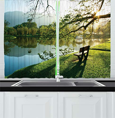 Ambesonne Nature Decor Kitchen Curtains, Wooden Chair at Lake Garden Park Serene Calming Environment Fresh Land Picture, Window Drapes 2 Panels Set for Kitchen Cafe, 55W X 39L Inches, Green Blue