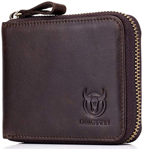 Genuine Leather Men Zipper Wallet RFID Blocking Bifold Zip Around Mens Wallets Card Holder Purse Brown