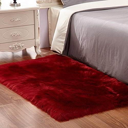 Faux Sheepskin Area Rug Chair Cover Seat Pad Plain Shaggy Area Rugs for Bedroom Sofa Floor 2x3ft Wine Red