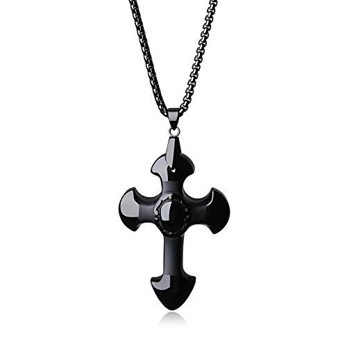 COAI Womens Mens Religious Cross Black Obsidian Stone Pendant Necklace