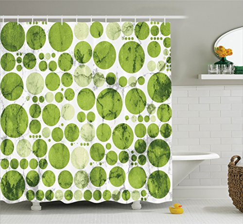 Ambesonne Polka Dots Home Decor Collection, Nature Inspired Large Polka Dots Spirals Stripes Decorative Artful Illustration, Polyester Fabric Bathroom Shower Curtain, 75 Inches Long, Green White