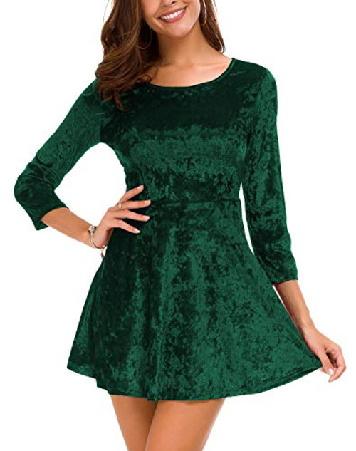 DGMYG Women s 3-4 Sleeve Round Velvet Skater Casual Swing Flared Short Mini Dress XL Green DGMYG Women s 3-4 Sleeve Round Velvet Skater Casual Swing Flared Short Mini Dress XL Green
