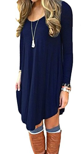 DEARCASE Women s Long Sleeve Casual Loose T-Shirt Dress Navy Blue Small