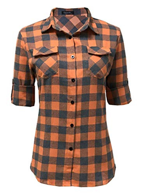 Oyamiki Womens Casual Cuffed Long Sleeve Boyfriend Button Down Plaid Flannel Shirt Tops Orange