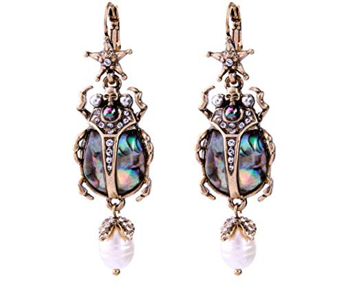 NorthStar Pearls and Jewelry Earrings Scarab Bug Beetle Dangle Drop Earrings Vintage Gold-tone Simulated Abalone- Statement earrings