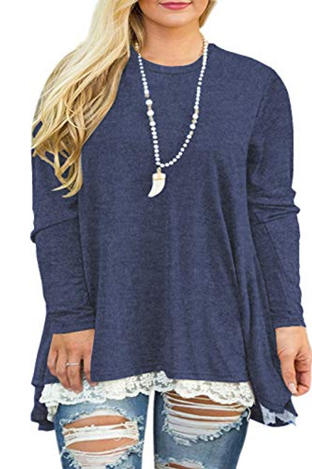 Womens Plus Size Shirts Lace Trim Long Sleeve Scoop Neck A-Line Blouse Tunic Tops Navy Blue 3XL
