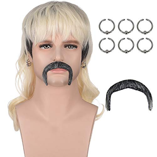 AMZCOS Tiger King Joe Exotic Costume Halloween Sets   Dark Roots Blonde Wavy Wigs with 6 Earrings   Tiger Mustache