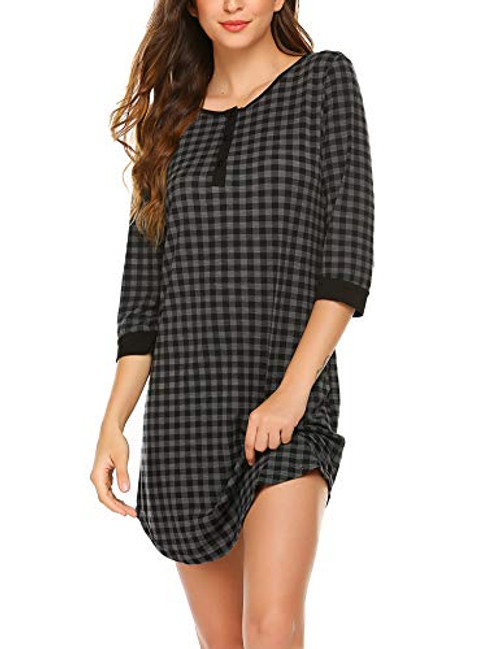 Ekouaer Women s Nightgown Plaid Sleep Dress Comfy Sleepwear Pajama Dress Nightshirt