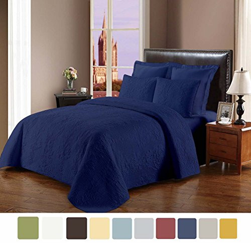 NC Home Fashions Cameo Embroidered Style Solid Color Quilt Set, Full/Queen, Medieval Blue