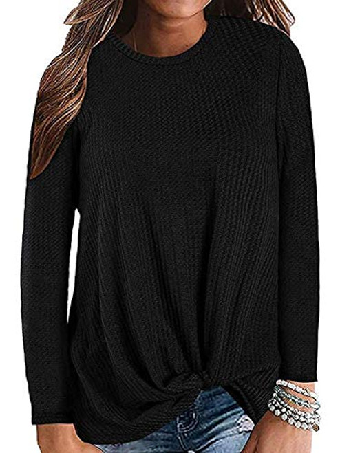 MarinaPrime Womens Shirts Round Neck Waffle Knit Loose Fitted Tunic Tops - M  Black