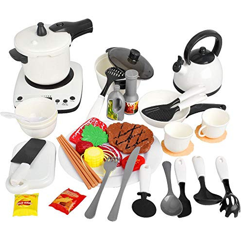 kingduos 40PCS Play Kitchen Set for Kids  Pretend Cooking Kit with Spray Pressure Pot and Electronic Induction Cooktop Cooking Utensils Toy Cutlery Cut Play Food  Food Toys for Girls  Boys