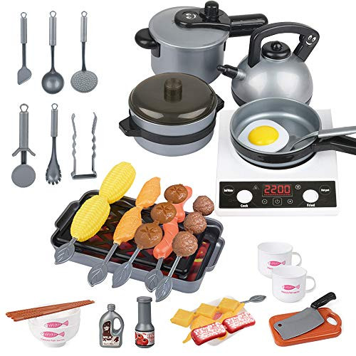 Suntee 42 PCS Kids Pretend Play Kitchen Toys  Play Cooking Set  BBQ Toy  Cookware Pots and Pans Playset  Play Food and Cooking Utensil Accessories for Kids Toddlers Girls Boys