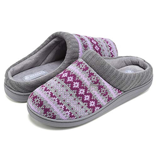 CIOR Women s Memory Foam House Slippers Sweater Knit Embroidered Pattern and Ribbed Hand-Knit Collar-U1MTW014-01-Purple-38-39