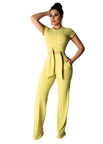 AEL Womens 2 Piece Outfits Jumpsuits Short Sleeve Bandage Tie Front Crop Top and Pants Tracksuits SetYellow XXL