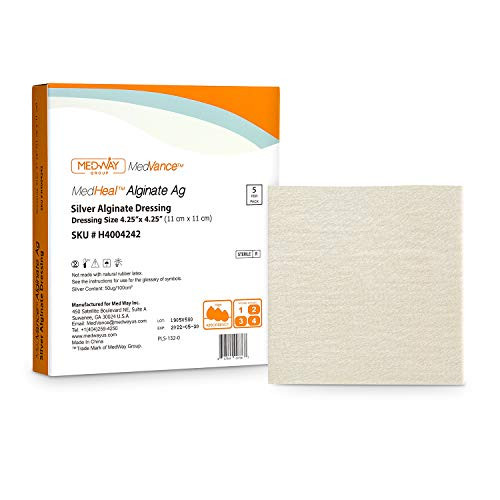 MedHeal Silver Calcium Alginate Ag Sterile Highly Absorbent Antibacterial Dressing  4-25 x4-25   5 dressings-Box  MedHeal by MedvanceTM