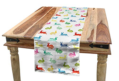 Lunarable Paint Table Runner  Rabbits in Different Poses Jumping Running Bunnies Happy Easter Paintbrush Art  Dining Room Kitchen Rectangular Runner  16  X 120   Green Red
