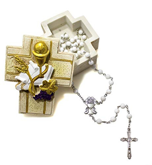 First Holy Communion Cross Rosary Case Girl Gift Set Includes White Communion Rosary with Chalice Centerpiece and detailed Crucifix and Beautiful two Piece Cross Shape Communion Elements Rosary Box Girl First Holy Communion Cross Rosary Case Girl Gift Set Includes White Communion Rosary with Chalice Centerpiece and detailed Crucifix and Beautiful two Piece Cross Shape Communion Elements Rosary Box Girl