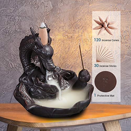 wavveUziz Incense Waterfall Burner Backflow Incense Holder  Dragon Incense Burner for Sticks  Incense Cone Holder with 120 Incense Cones and 30 Incense Sticks