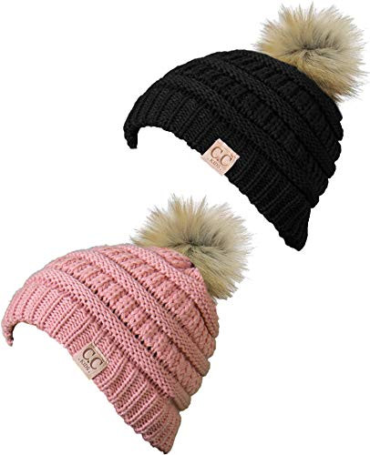 Kids Pom Beanie Bundle - Faux Fur Pom - Black   Indi Pink