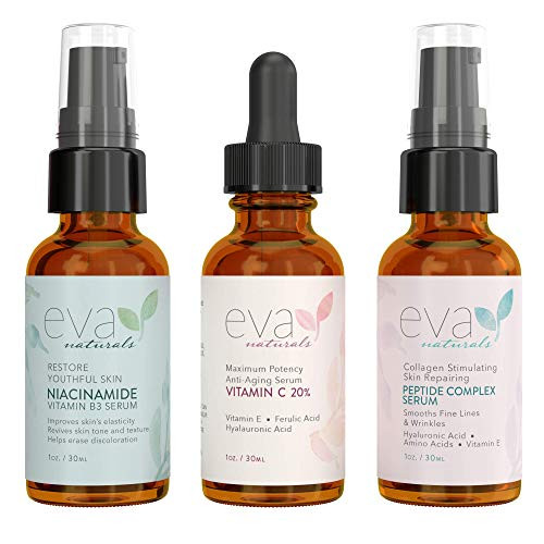 Natural Firm   Glow Skincare Set of 3 Serums  Skin Care Kit with 20  Vitamin C Serum  Peptide Complex Serum  Niacinamide Vitamin B3 Serum to Brighten Complexion and Smooth Wrinkles by Eva Naturals