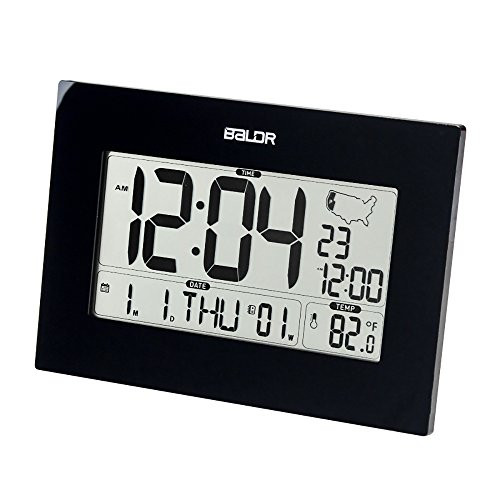 BALDR Digital Alarm Clock for Desk or Wall  Battery Operated  Self-Setting Atomic Clock with Large Display - Displays Time  Date  Weekday   Indoor Temperature