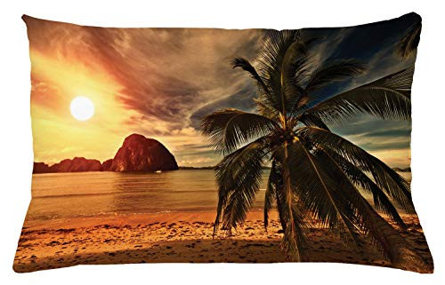 Ambesonne Tropical Throw Pillow Cushion Cover  Exotic Beach with Coconut Palm Tree and Horizon Sunset Calm Panorama  Decorative Rectangle Accent Pillow Case  26  X 16   Olive Green