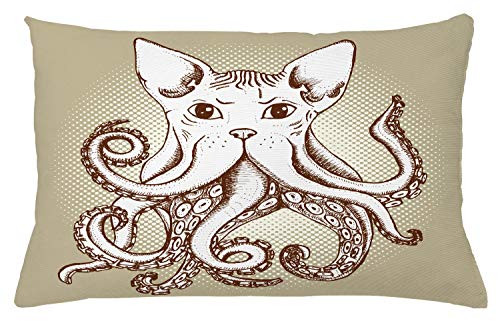 Ambesonne Octopus Throw Pillow Cushion Cover  Octopus with Cat Head Illustration Vintage Style Cartoon Cat with Tentacles Print  Decorative Rectangle Accent Pillow Case  26  X 16   White Brown