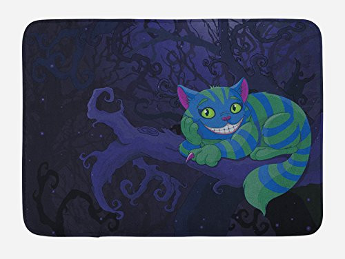 Lunarable Alice in Wonderland Bath Mat  Chester Cat Sitting on Branch Fairytale Forest with Character  Plush Bathroom Decor Mat with Non Slip Backing  29-5  X 17-5   Purple Green