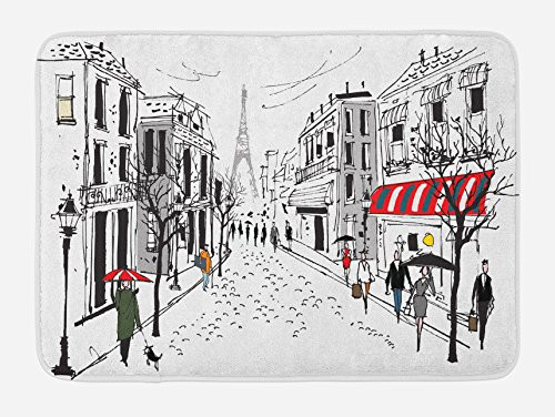 Ambesonne Paris Bath Mat  Old French Pedestrians Stores Trees and The Silhouette of Eifffel Urban Illustration  Plush Bathroom Decor Mat with Non Slip Backing  29-5  X 17-5   Gray White