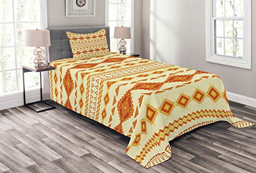 Ambesonne Aztec Bedspread  Old Pattern with Vintage Colors Mexican Indigenous Culture  Decorative Quilted 2 Piece Coverlet Set with Pillow Sham  Twin Size  Orange Yellow