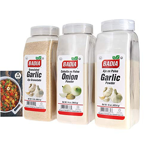 Badia Granulated Garlic  Badia Garlic Powder  and Badia Onion Powder Bundle Set of 3   No Gluten   Ajo Granulado  Cebolla En Polvo  Ajo En Polvo   Includes Premium Penguin Recipe Card