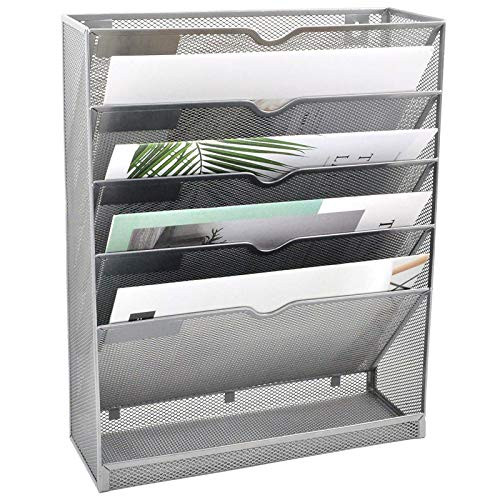 EASEPRES Mesh Wall File Organizer 5 Tier Vertical Mount Hanging Holder Magazine Rack with Bottom Flat Tray  Silver