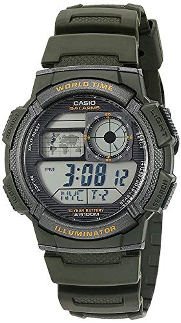 Casio AE1000W-3AV Men s Green Resin Band 5 Alarms Chronograph World Time Watch